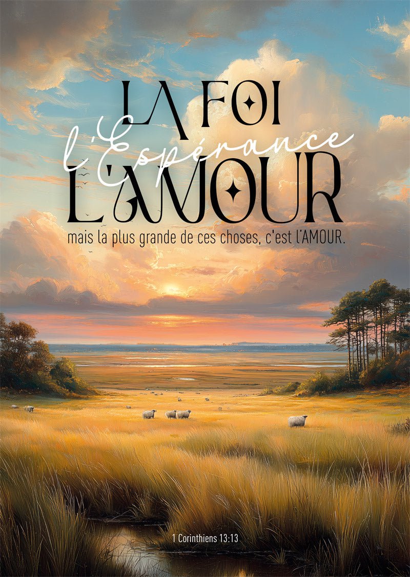 Affiche chrétienne représentant un champ, des moutons et le verset bible 1 corinthiens 13:13