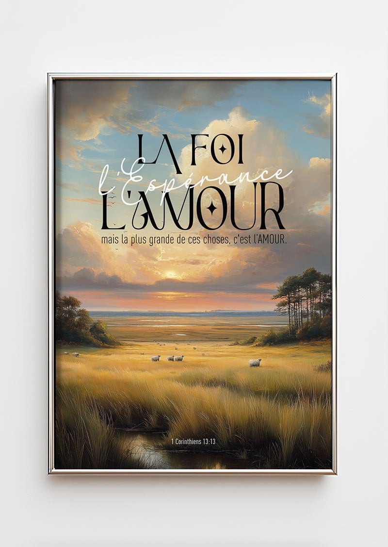 Cadre chrome avec l'affiche chrétienne représentant un champ et le verset 1 corinthiens 13:13