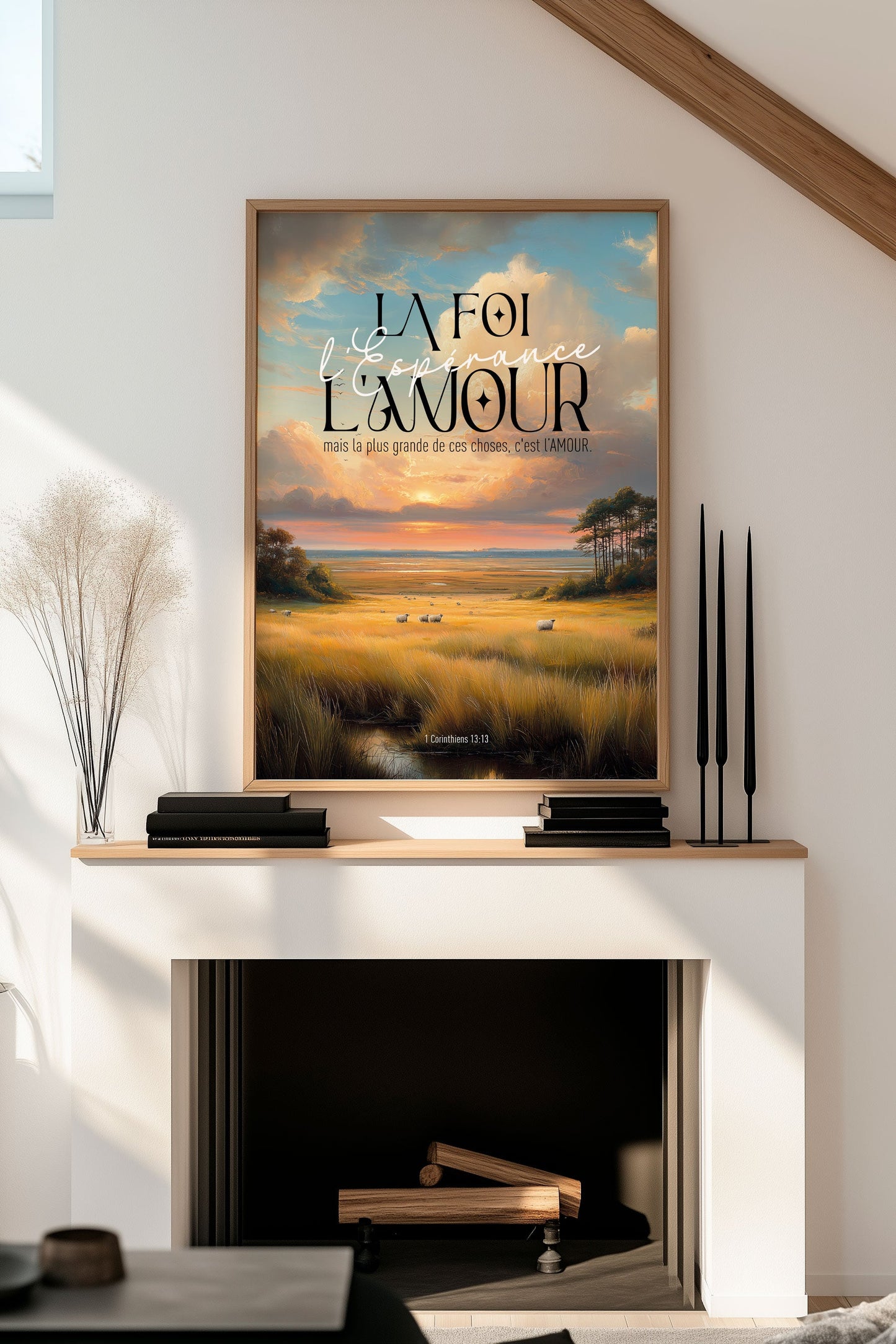 Mise en situation dans un salon de l'affiche chrétienne d'une peinture digitale d'un champ