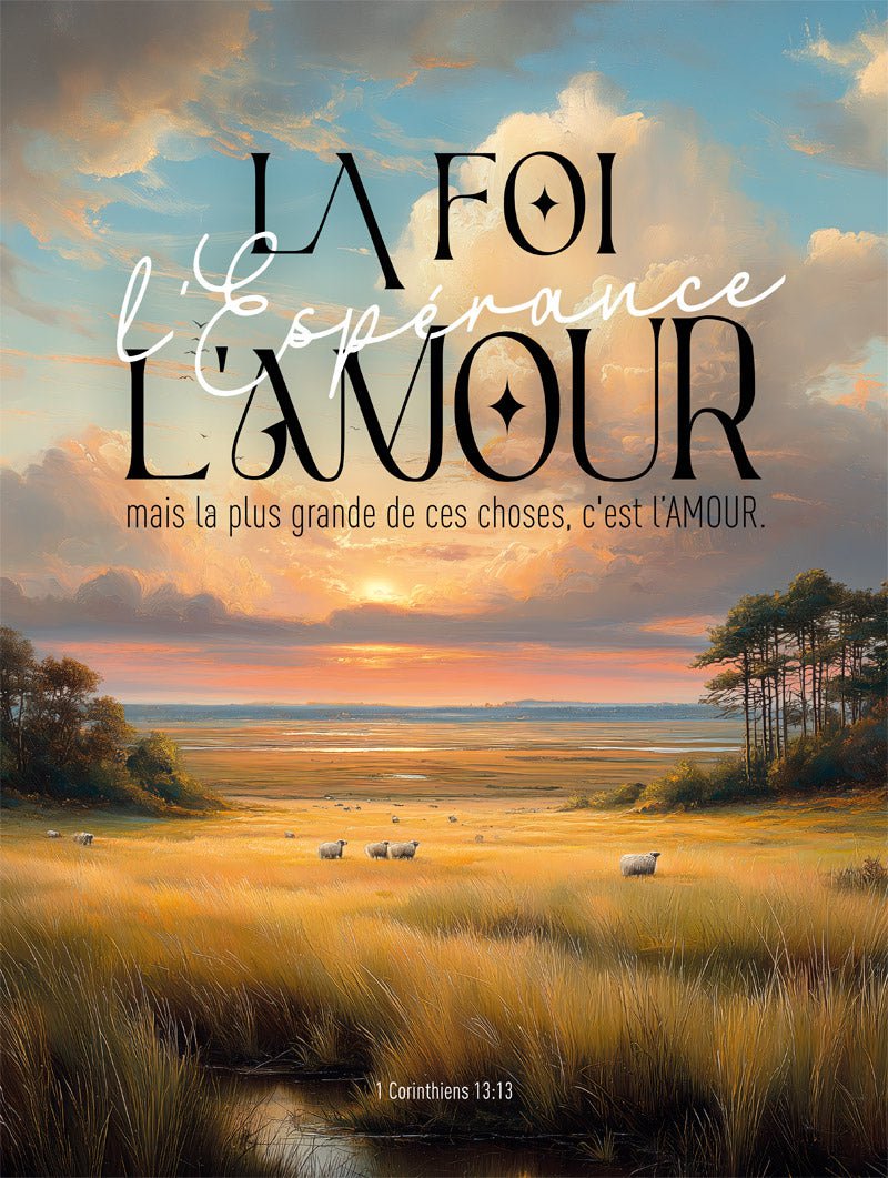 Format 30x40cm de l'affiche peinture digitale d'un champ avec le verset 1 corinthiens 13:13