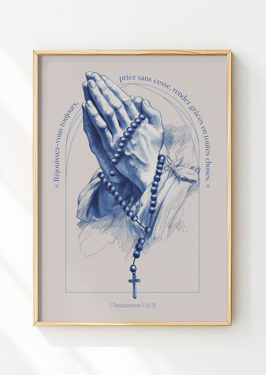 Affiche chrétienne dessin de mains en prière avec verset dans un cadre en bois