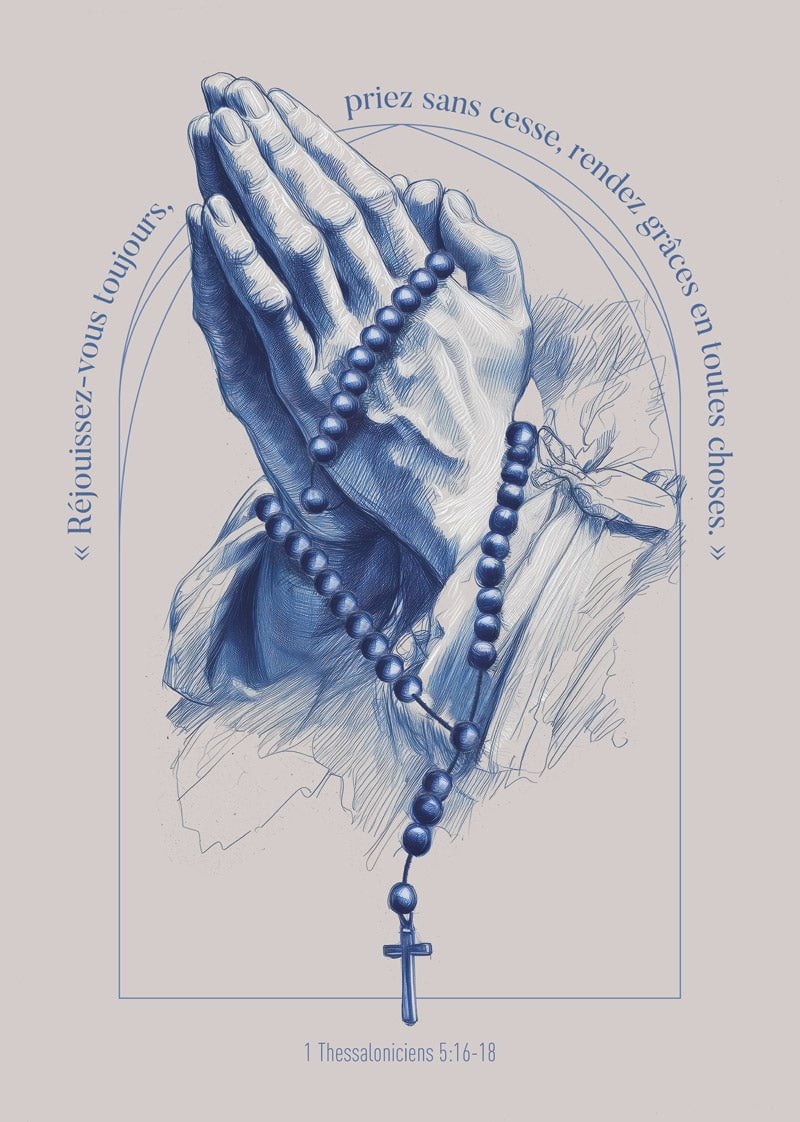 Affiche chrétienne dessin à la tablette de mains en prière avec chapelet et verset 1 thessalonociens