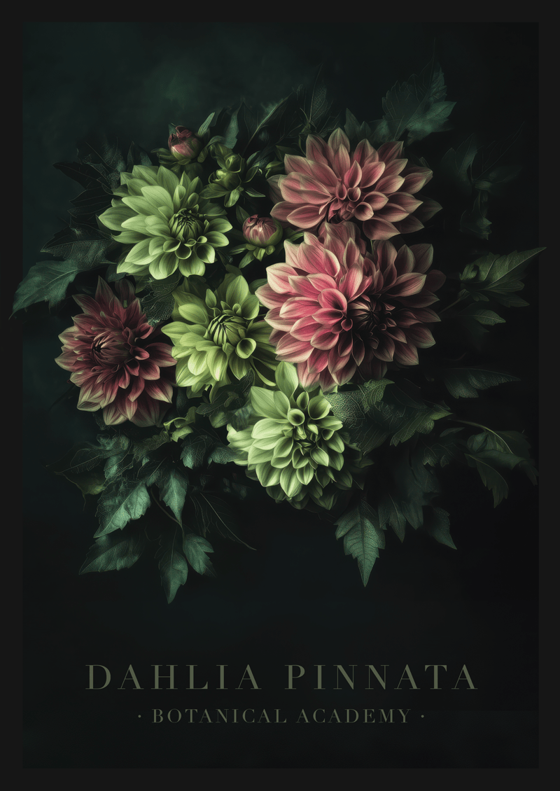Affiche murale botanique d'un bouquet de dahlia vert et rose sur fond noir.