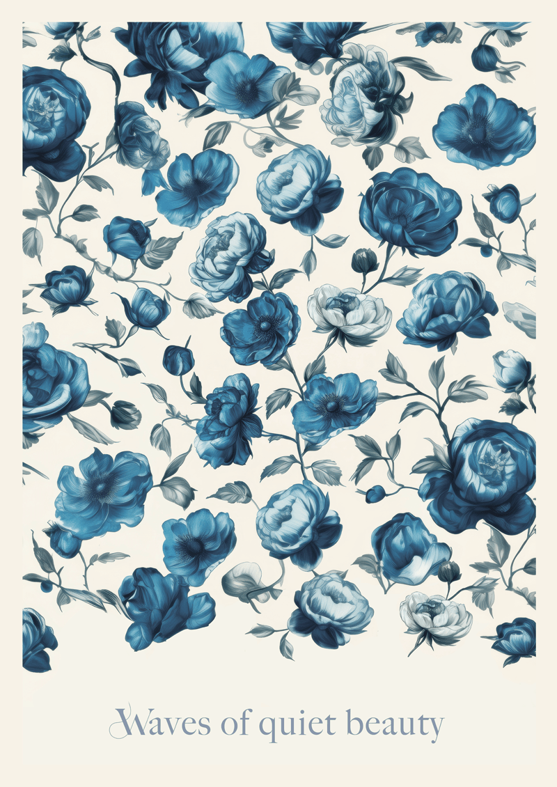 Affiche murale botanique de petites roses bleues sur fond blanc avec un texte en anglais.
