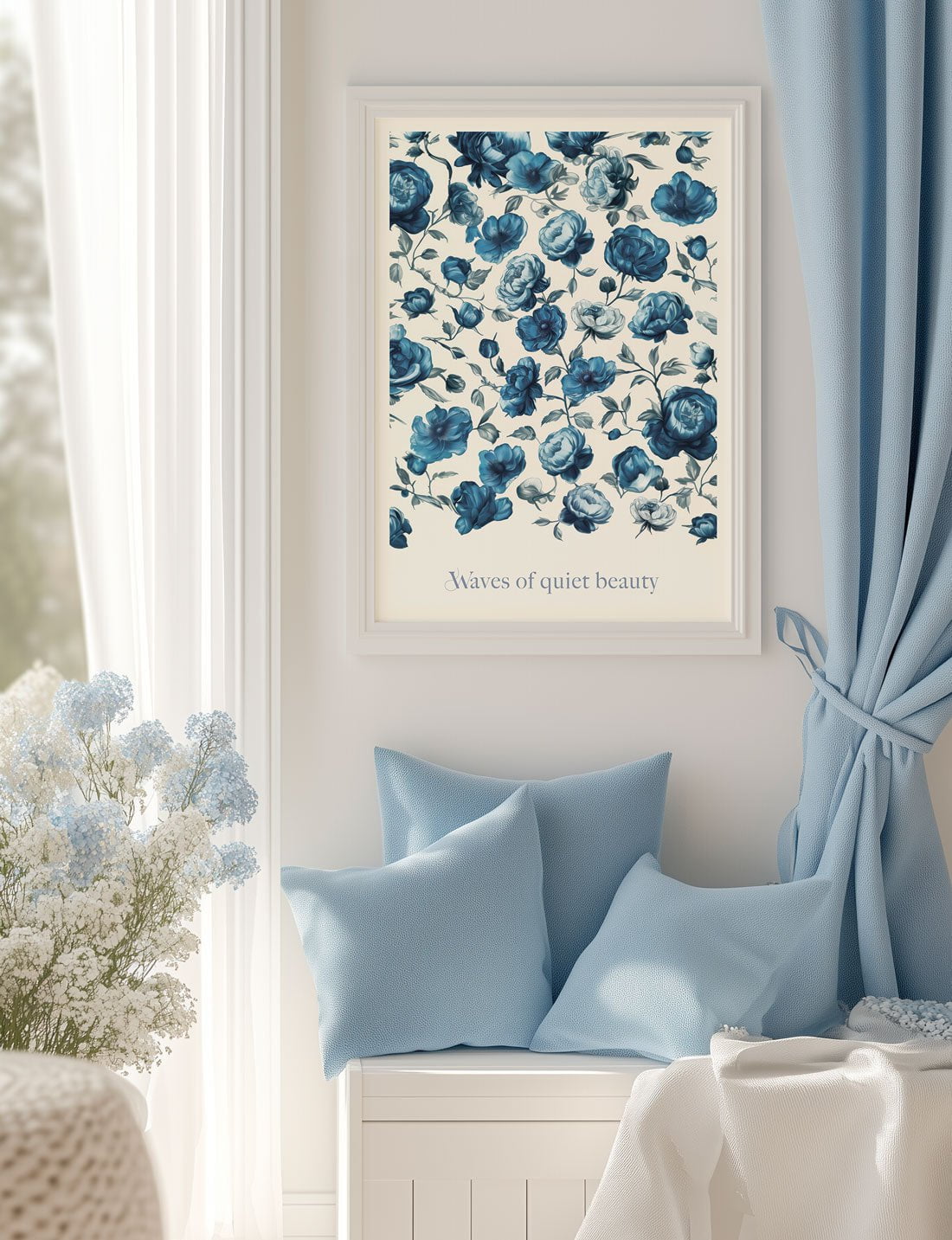 Mise en situation de l'affiche murale botanique des roses bleues sur un mur blanc dans une chambre.