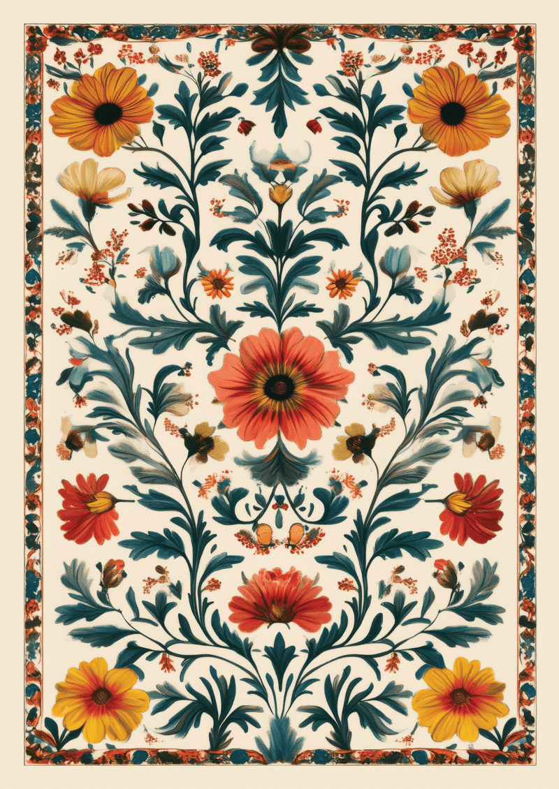 Une affiche murale botanique d'un kaléidoscope de fleurs rouge orange et jaune et aux feuillages verts.