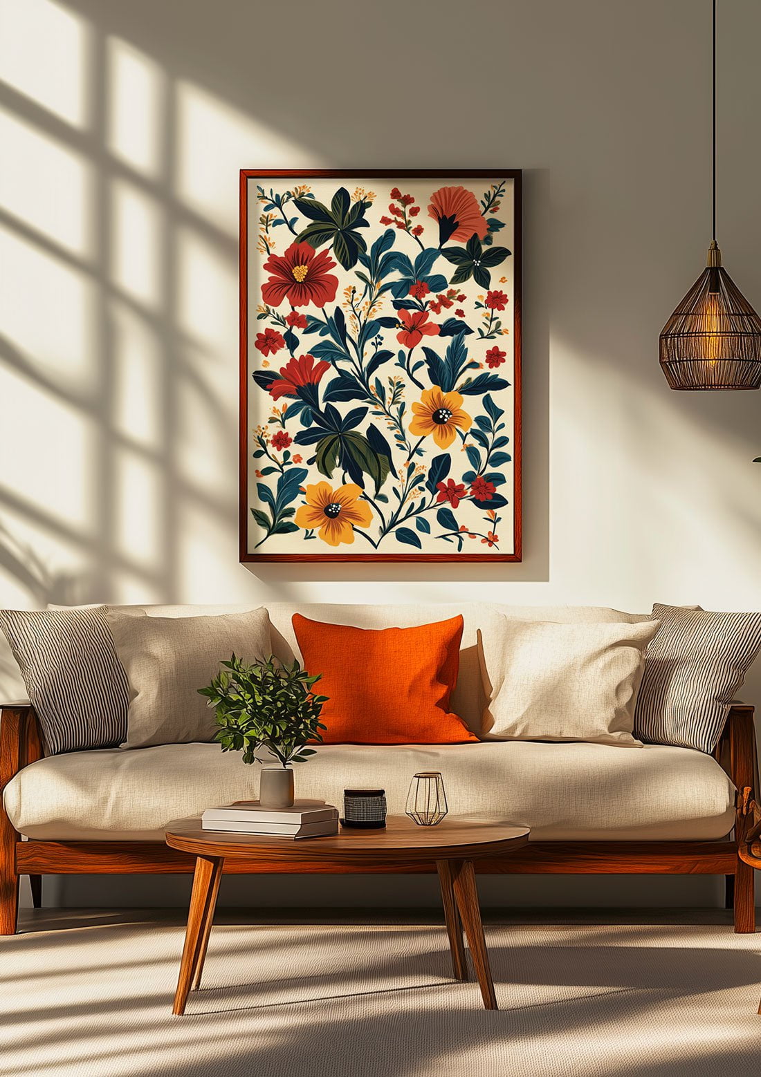 Affiche murale botanique d'une illustration de fleurs exotiques sur un mur blanc, dans un salon.