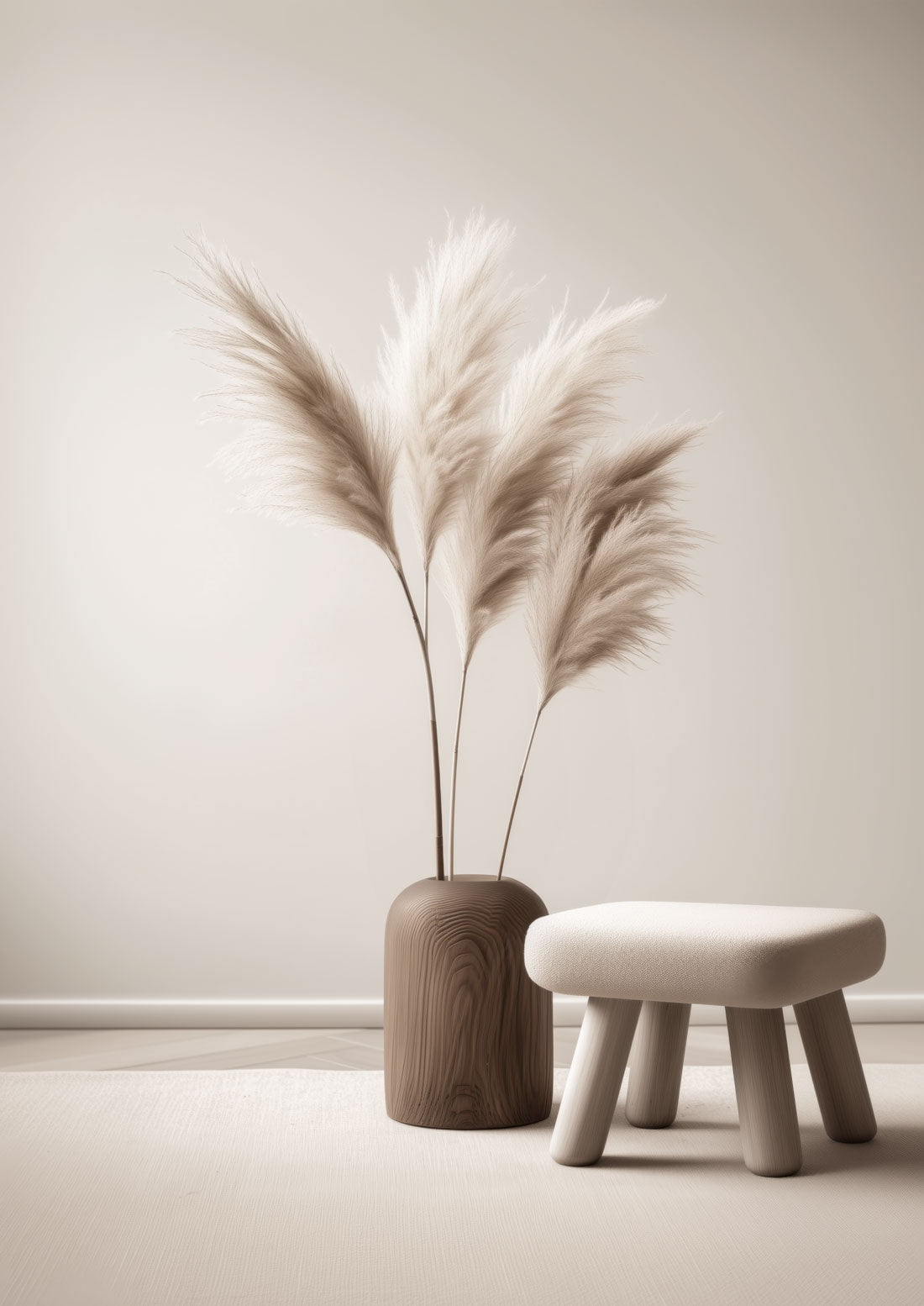 Photographie d'herbes de pampa dans un vase en bois poli, à coté d'un petit tabouret, dans un espace épuré.