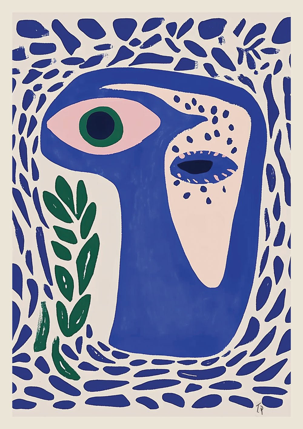 Affiche murale contemporaine représentant un œil stylisé, entouré de motifs végétaux bleus et au feuillage vert.