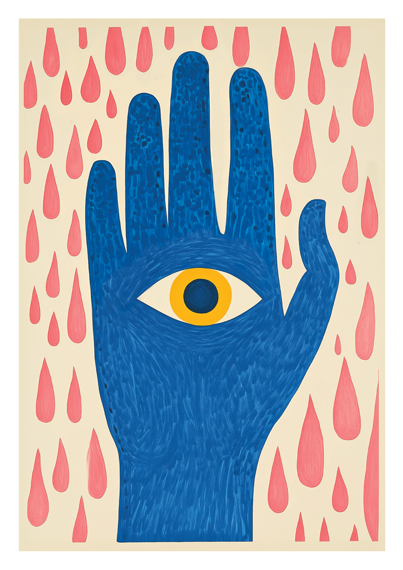 Affiche murale représentant une main bleue, avec un œil au centre et des gouttes roses tout autour.