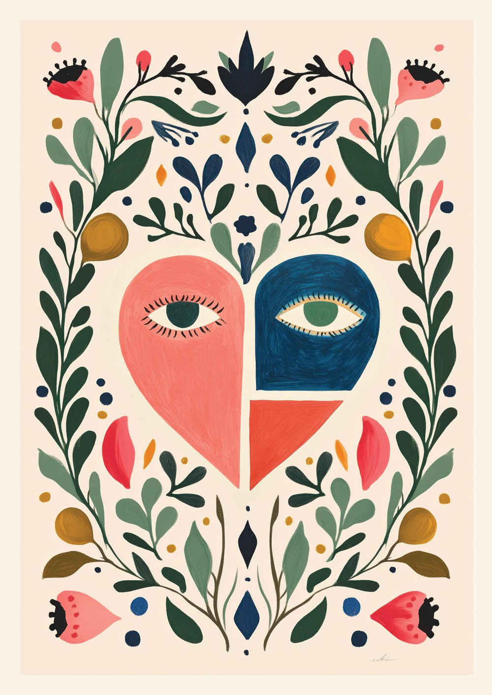 Affiche murale représentant un cœur rose et bleu avec des yeux au milieu de motifs végétaux.