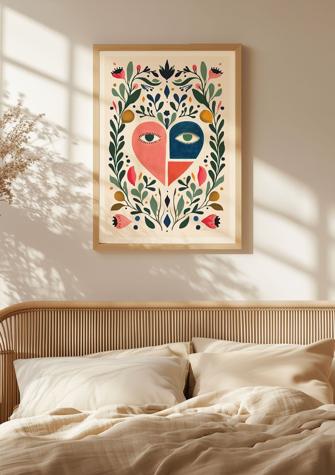 Mise en situation de l'affiche murale représentant un cœur avec des yeux, sur le mur d'une chambre.
