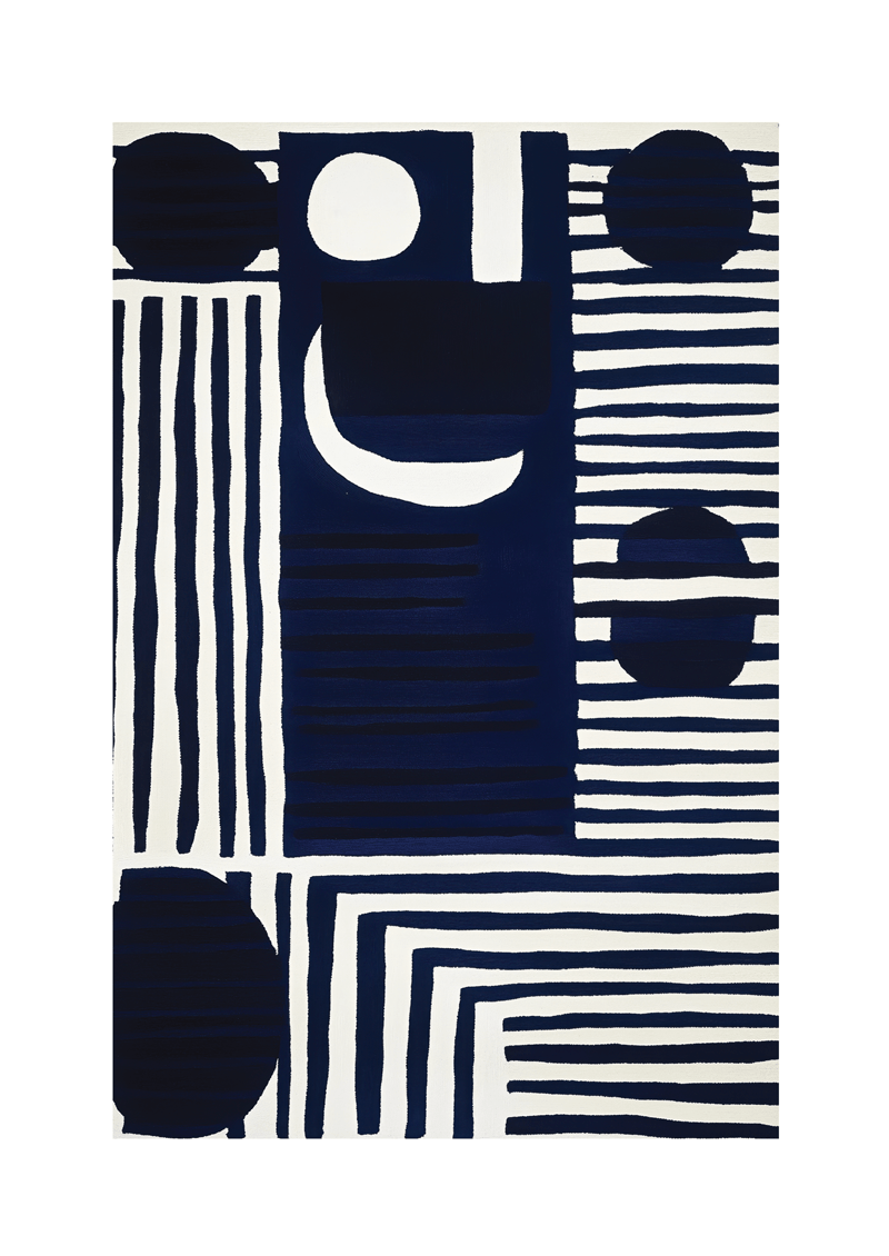Affiche murale abstraite composée de lignes et de cercles bleu foncé sur fond blanc, qui s'imbriquent.