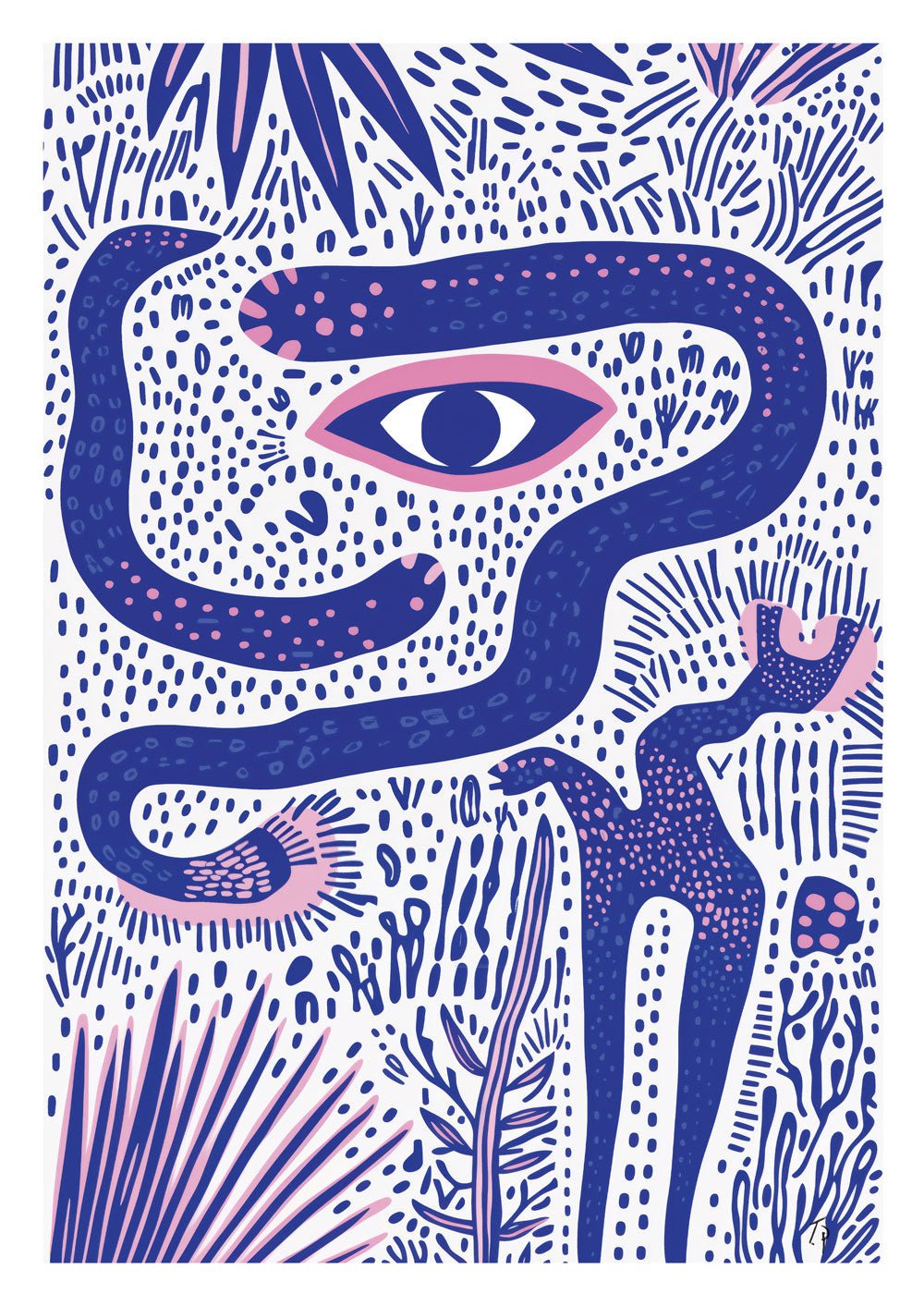 Affiche murale abstraite d'un œil au cœur d'une jungle organique aux tons bleus.