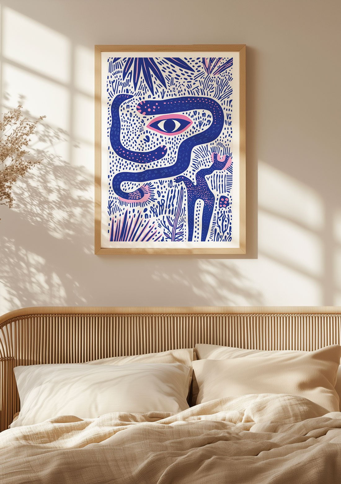 Affiche murale abstraite d'un œil au cœur d'une jungle mise en situation dans un chambre.