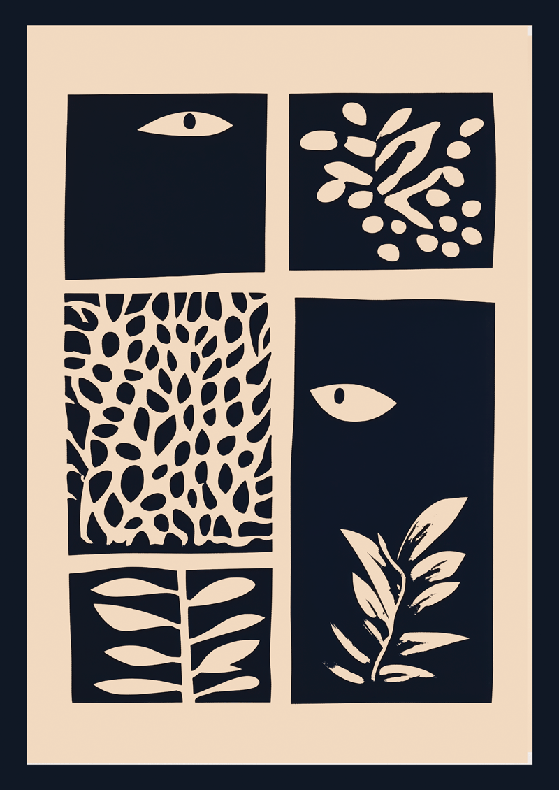 Affiche murale abstraite avec yeux mystérieux et formes organiques sur fond bleu foncé et beige.