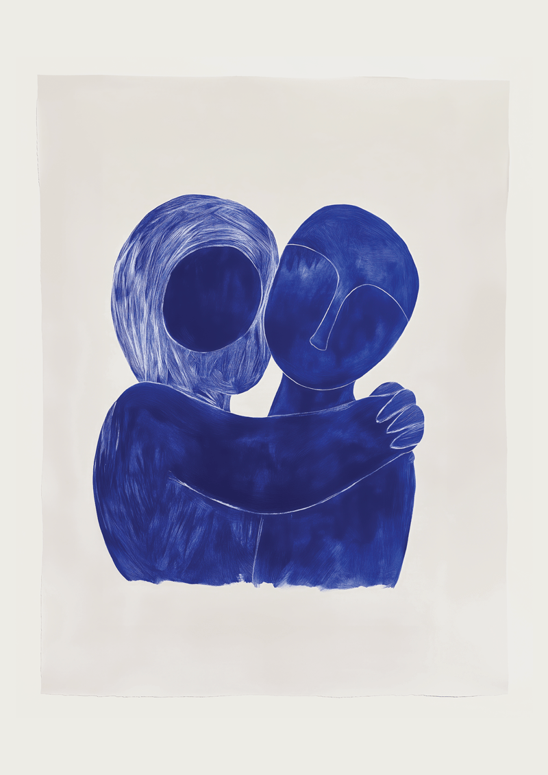 Affiche murale abstraite de deux personnes qui s'enlacent, en bleu sur fond clair.