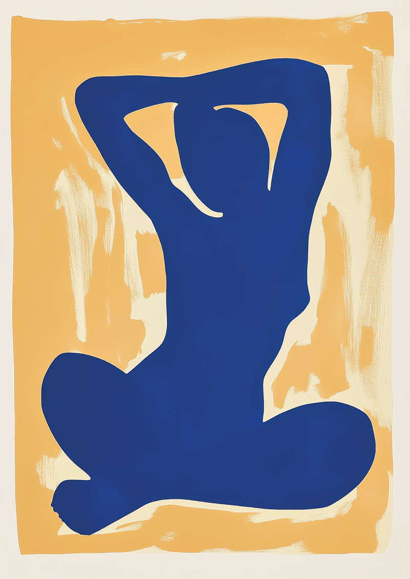 Affiche murale abstraite d'une silhouette féminine assise, en bleu marine sur fond orange et beige.