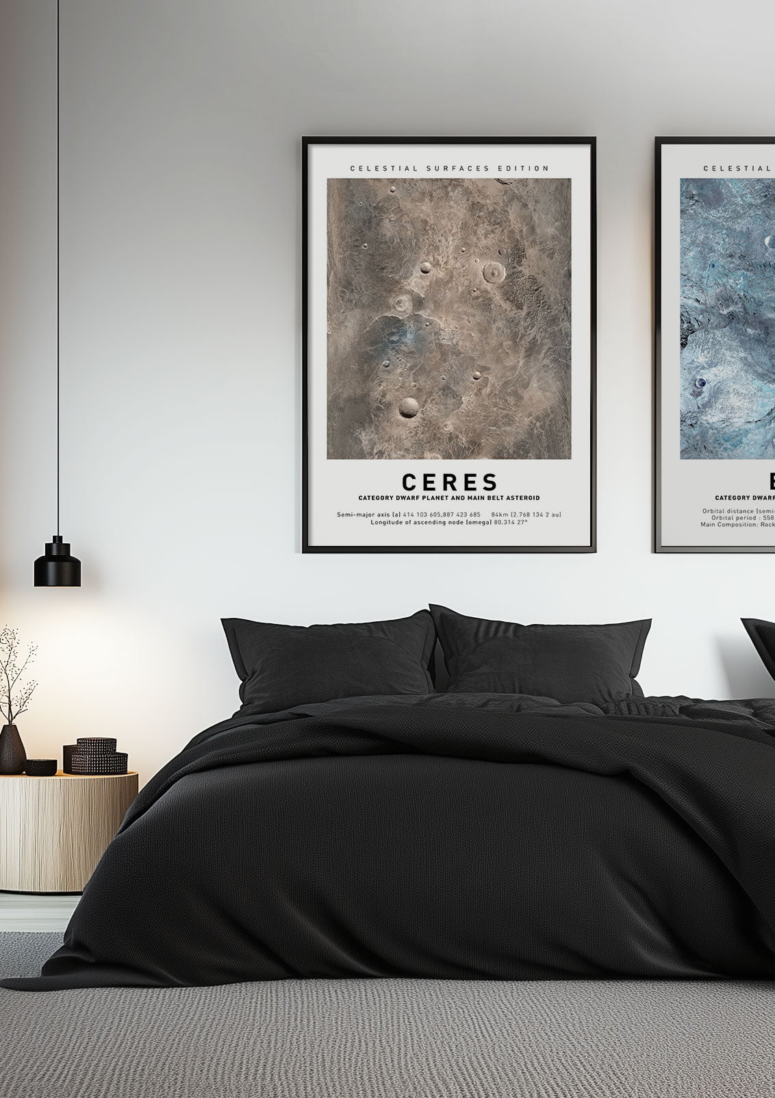 Affiche murale espace de la planète Ceres mise en situation à coté d'une autre affiche dans une chambre.