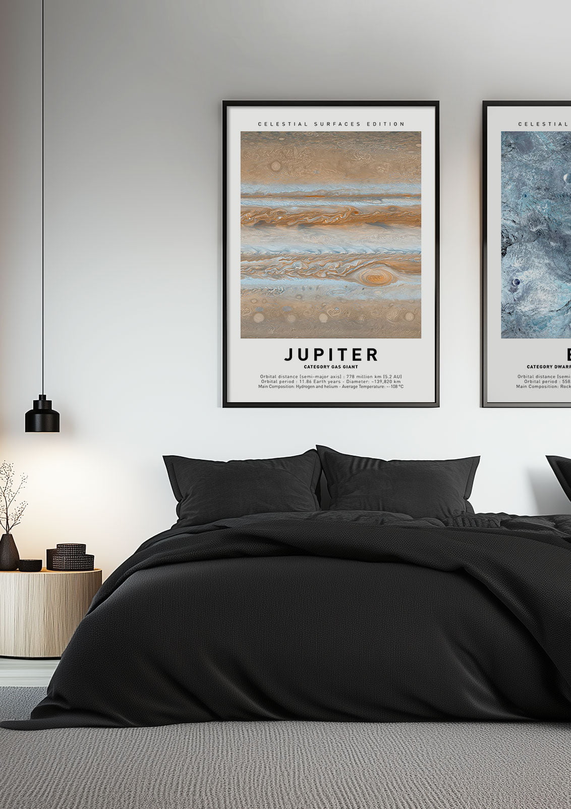 Affiche murale espace de Jupiter mise en situation dans une chambre à coté d'une autre affiche.