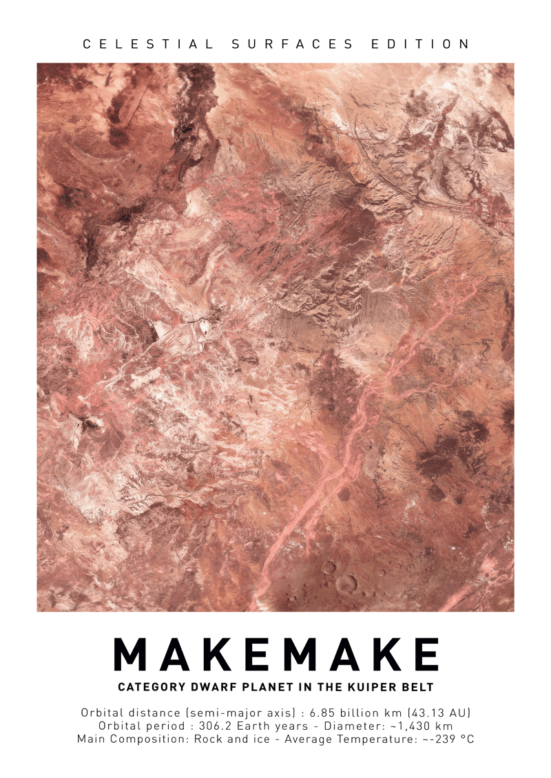 Affiche murale espace de la surface réelle de la planète naine Makemake avec un texte en dessous.