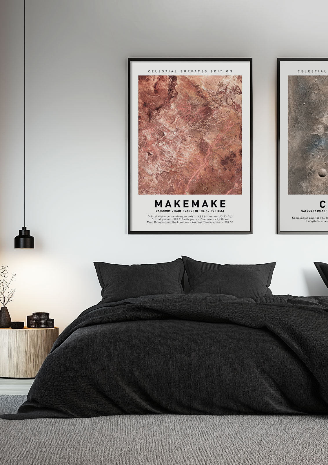 L'affiche murale espace Makemake mise en situation dans une chambre à coté d'une autre affiche.