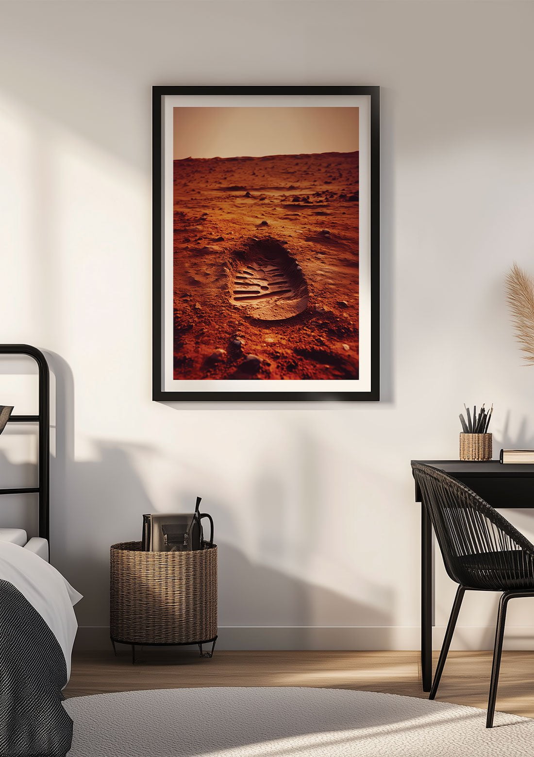 Affiche murale espace d'une empreinte de cosmonaute, mise en situation sur le mur d'une chambre.