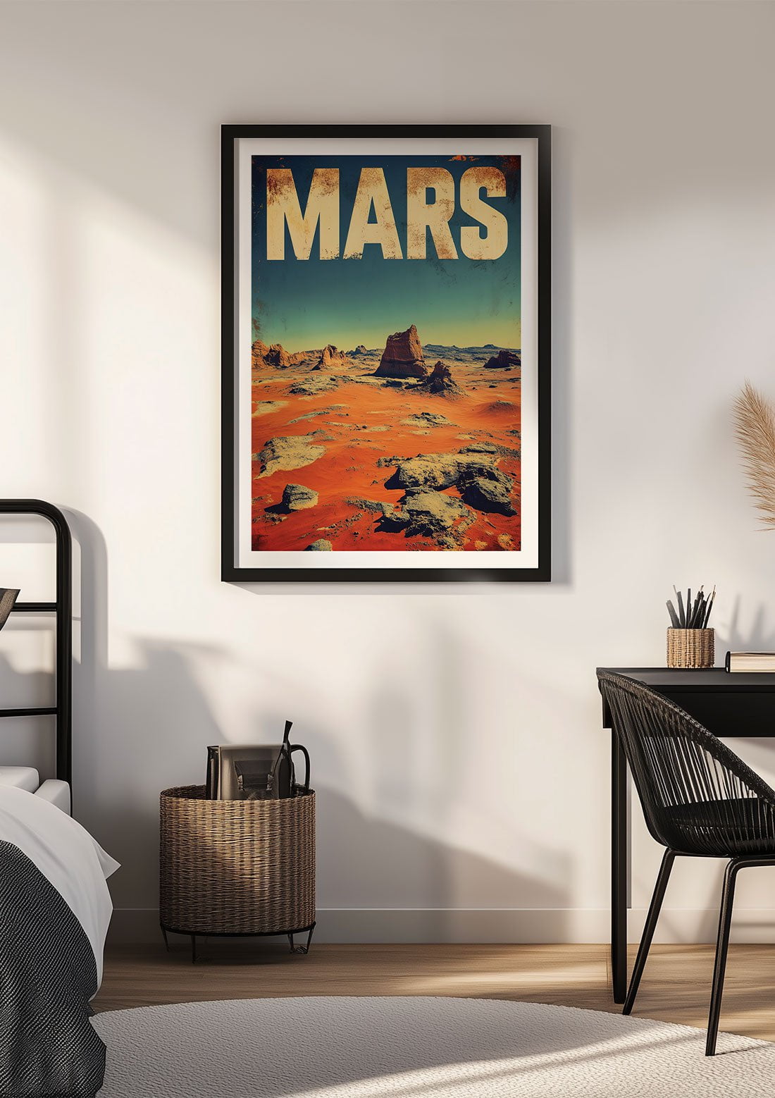 Affiche murale vintage montrant le paysage martien, mise en situation sur le mur d'une chambre.
