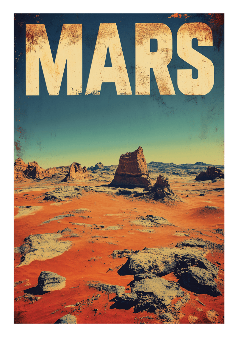 Affiche murale vintage montrant le paysage martien avec la typographie "MARS".
