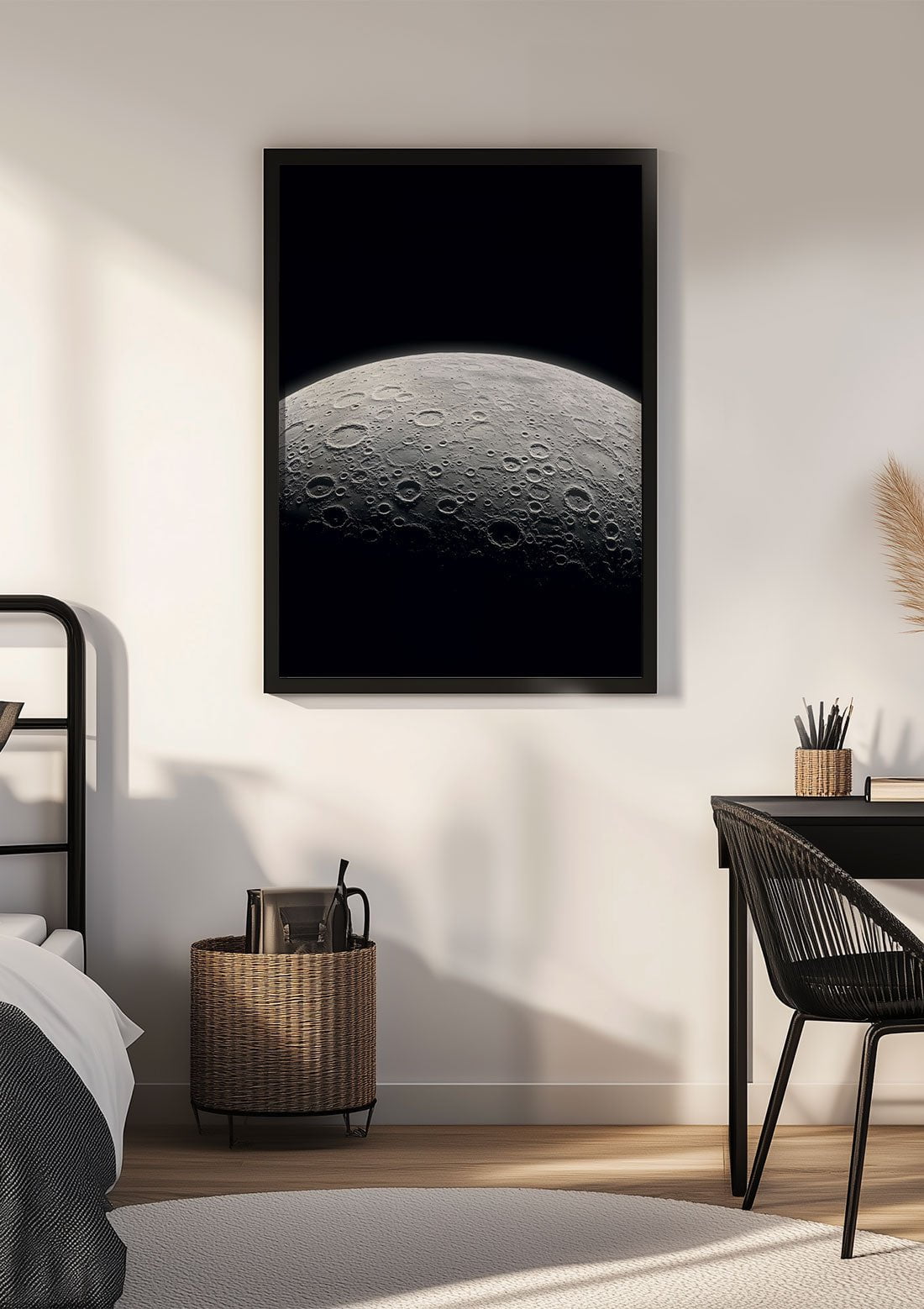 Affiche murale espace de la Lune mise en situation sur le mur d'une chambre.