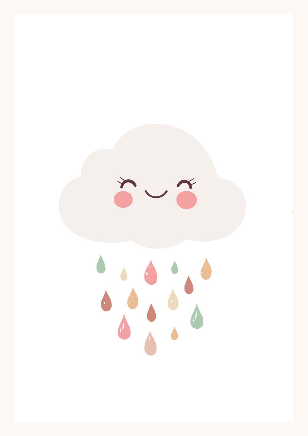 Affiche pour chambre bébé d'un nuage souriant avec des gouttes de pluie aux tons pastel beige.