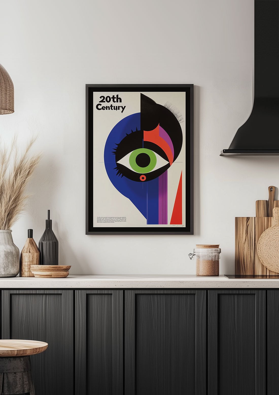 Affiche bauhaus œil vert et formes encadrée, sur le mur d'une cuisine