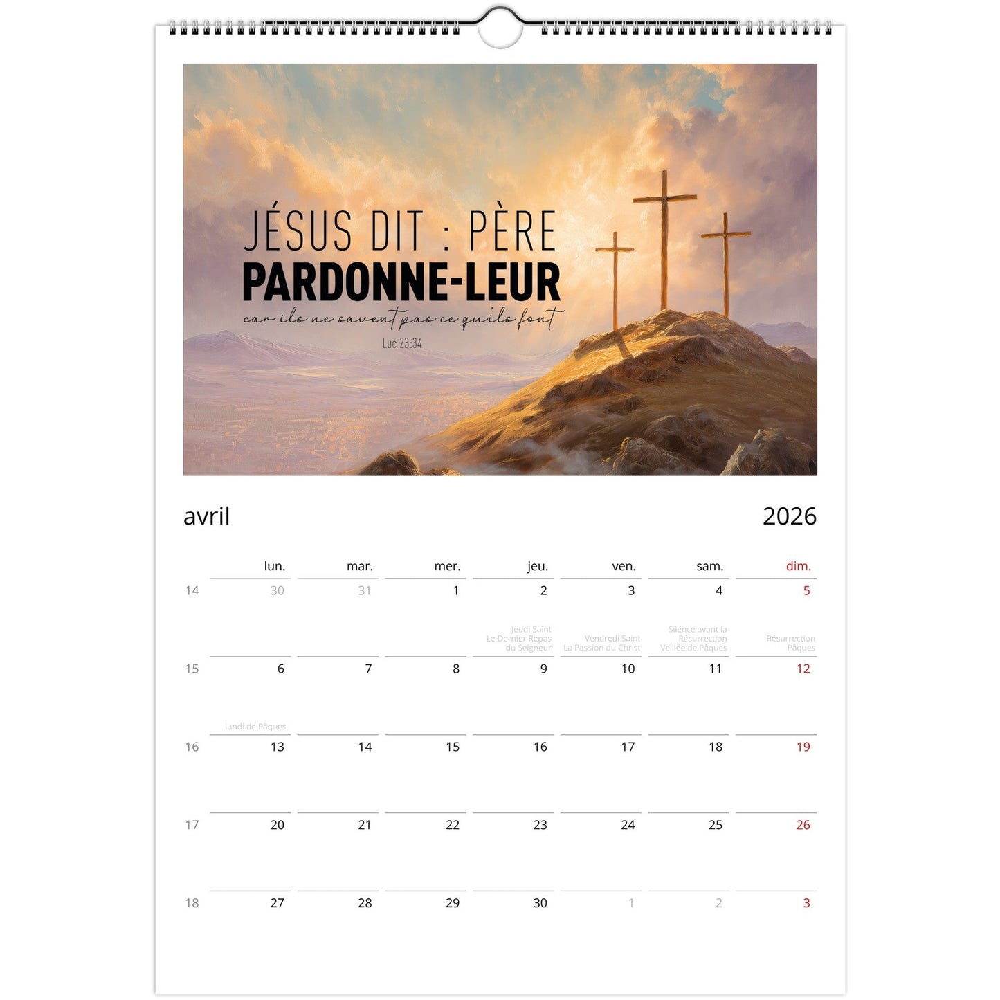 Gros plan sur le calendrier page d'avril montrant le visuel, le verset et les annotations