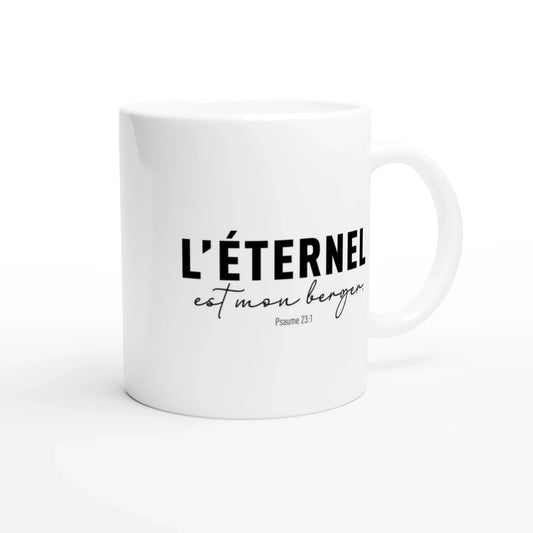 Mug en céramique avec psaume 23:1 "l'éternel est mon berger" texte en noir
