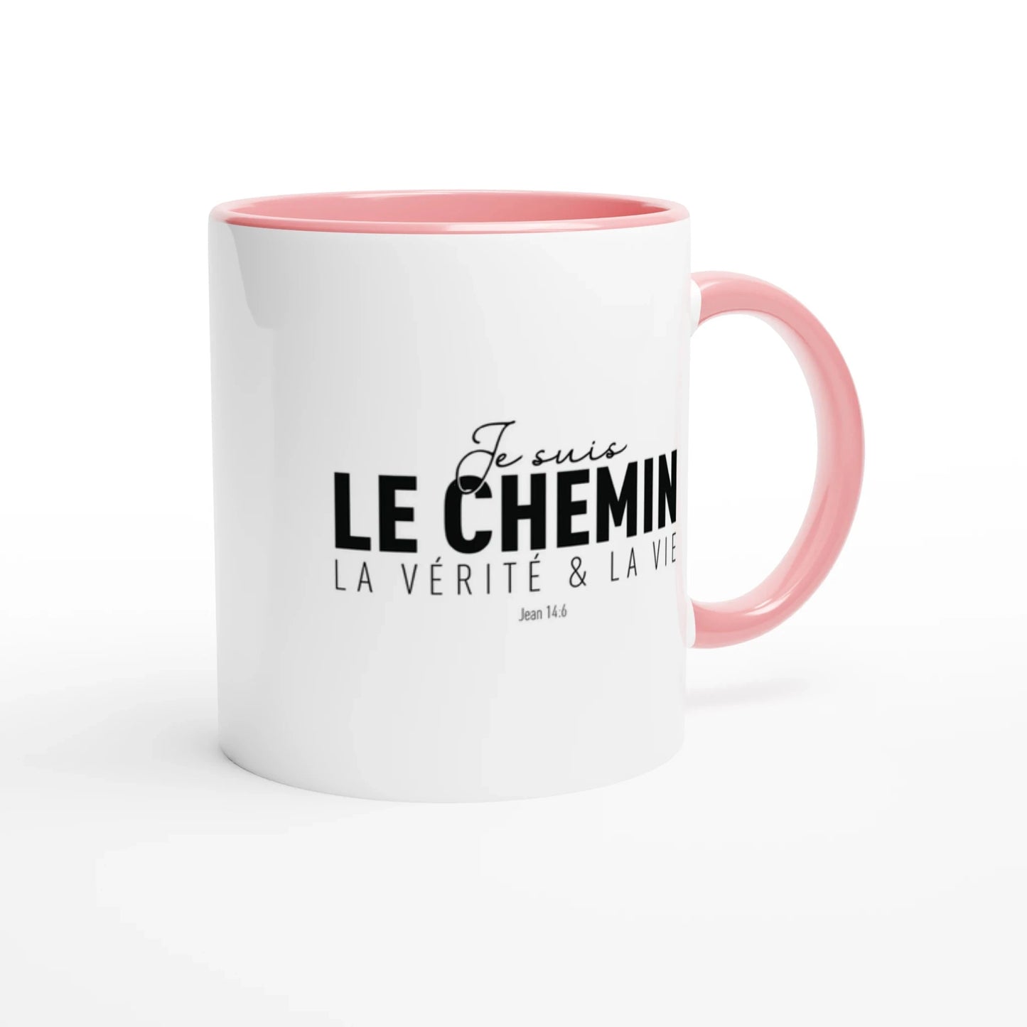 mug blanc et rose avec le texte chrétien tiré du verset de la bible Jean 14:6, écrit en noir