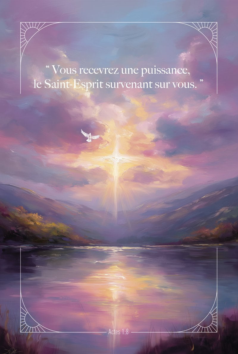 Affiche verset biblique peinture du ciel en rose avec une colombe et une croix