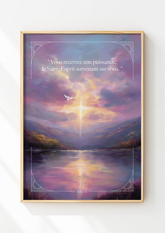 Affiche chrétienne d'une peinture à l'huile représentant un ciel aux teintes violettes et roses