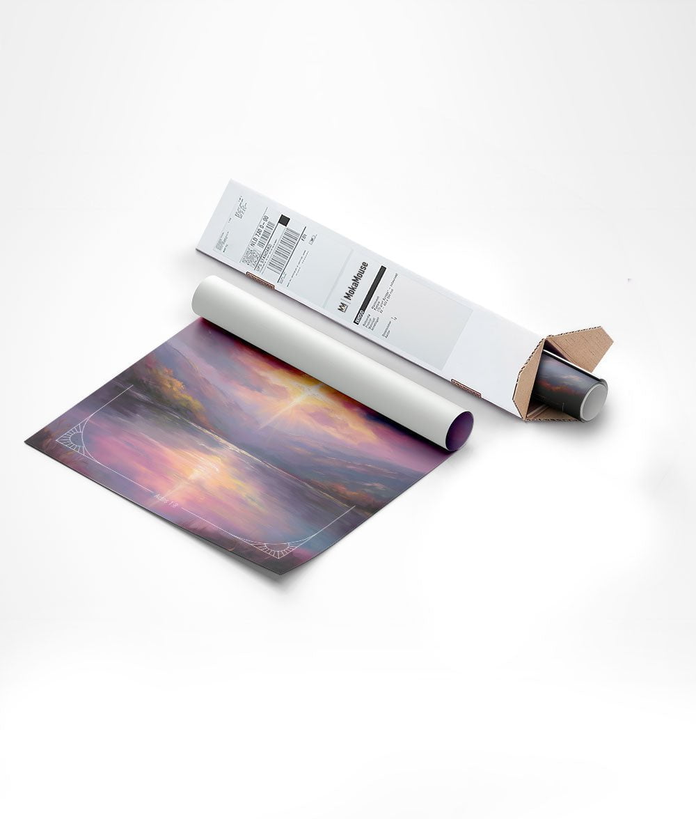Poster chrétien de la peinture d'un ciel rose et de la mer avec le verset Actes 1:8, dans un carton triangle