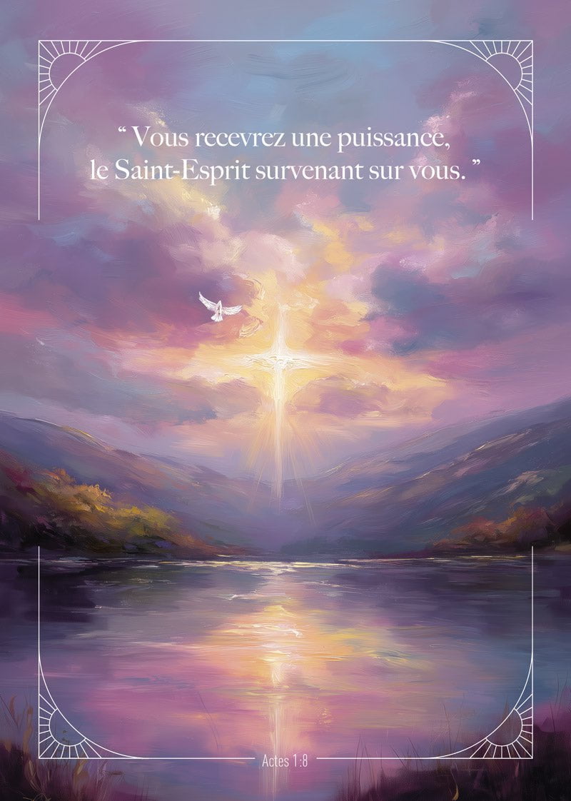 Affiche chrétienne illustrant le ciel et la mer, avec le verset biblique Actes 1:8, une colombe et une croix