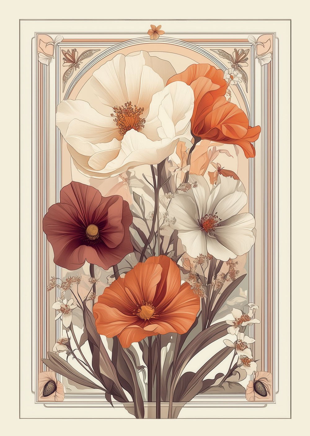 Affiche d'un bouquet floral art déco 1930 dans les tons creme, orange et rouge.