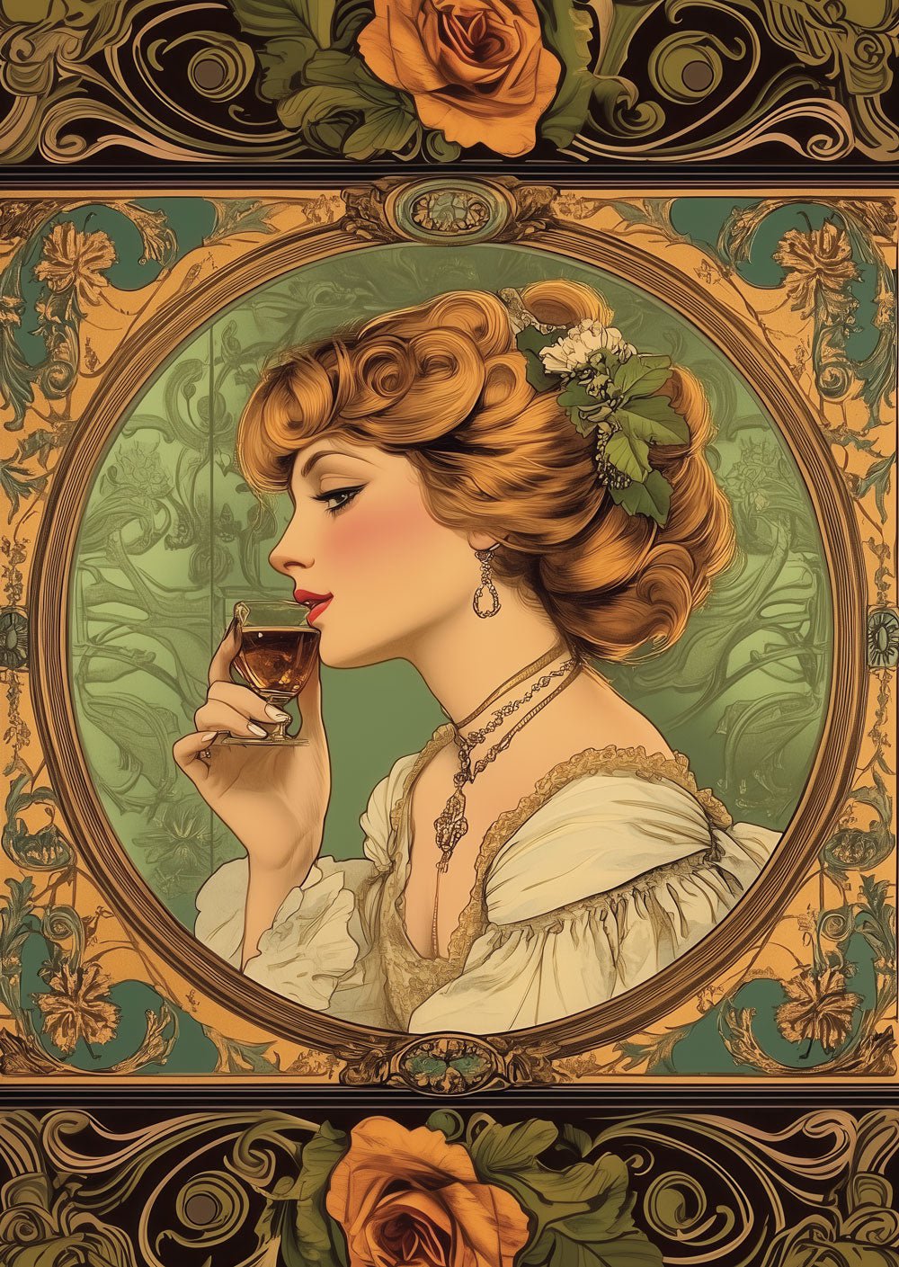 Affiche art déco 1930 d'une femme buvant un café dans une ornementation inspirée de Mucha