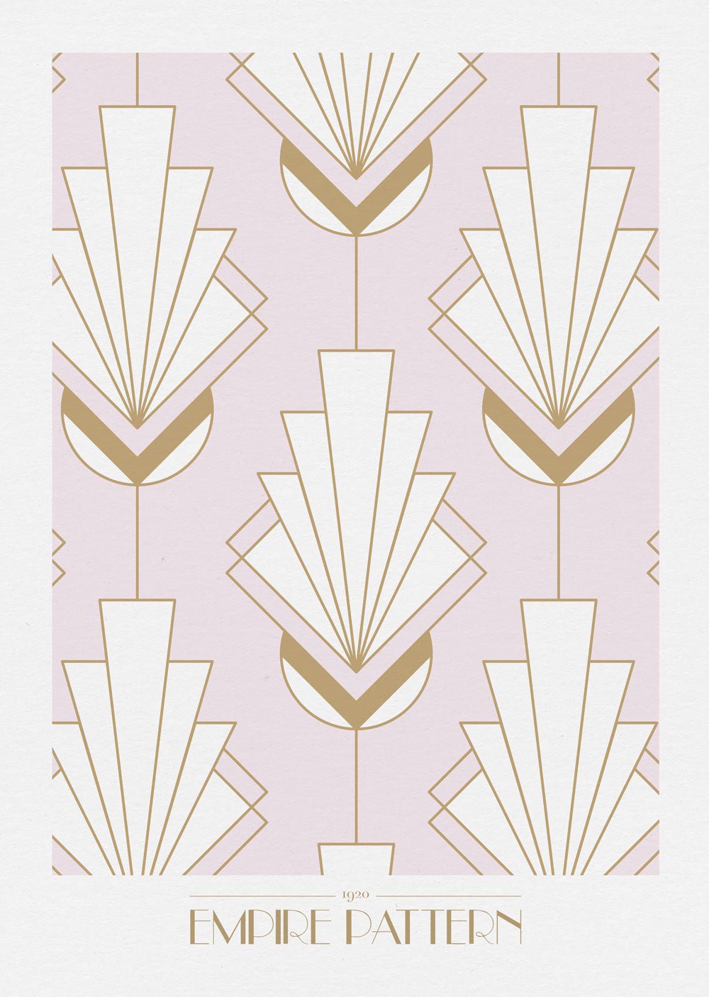 Affiche Art déco 1930 d'un motif géométrique or et blanc, sur fond rose cadré de blanc.