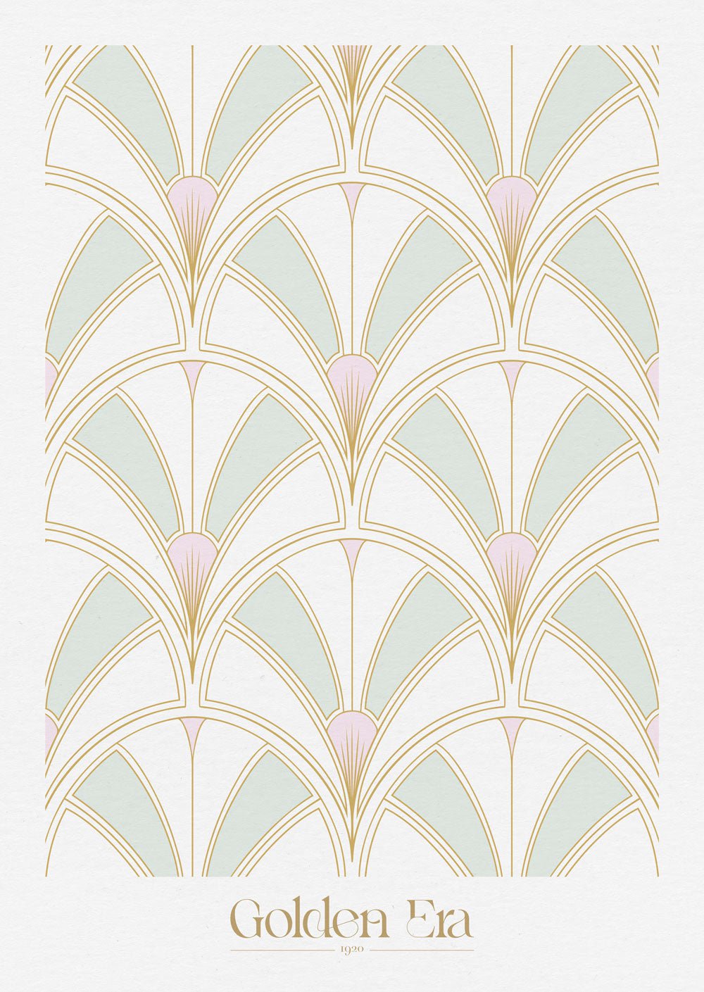 Affiche Art Déco 1930 d'un motif géométrique au coutour doré, vert et rose sur fond blanc.