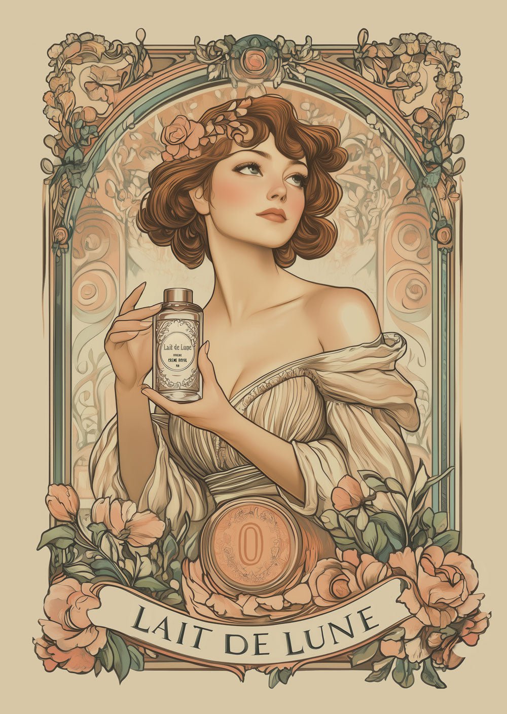 Affiche Art déco 1930 représentant une femme pour une publicité de crème, aux couleurs pastels.
