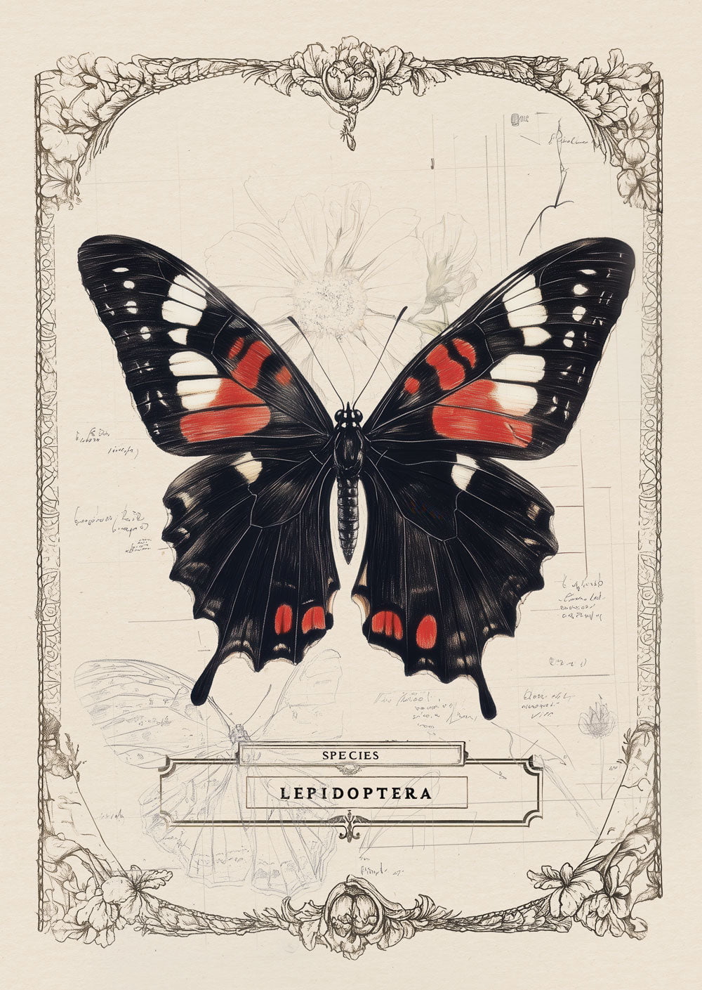 planche naturaliste pour décoration cabinet de curiosités, d'une illustration d'un papillon noir et rouge.