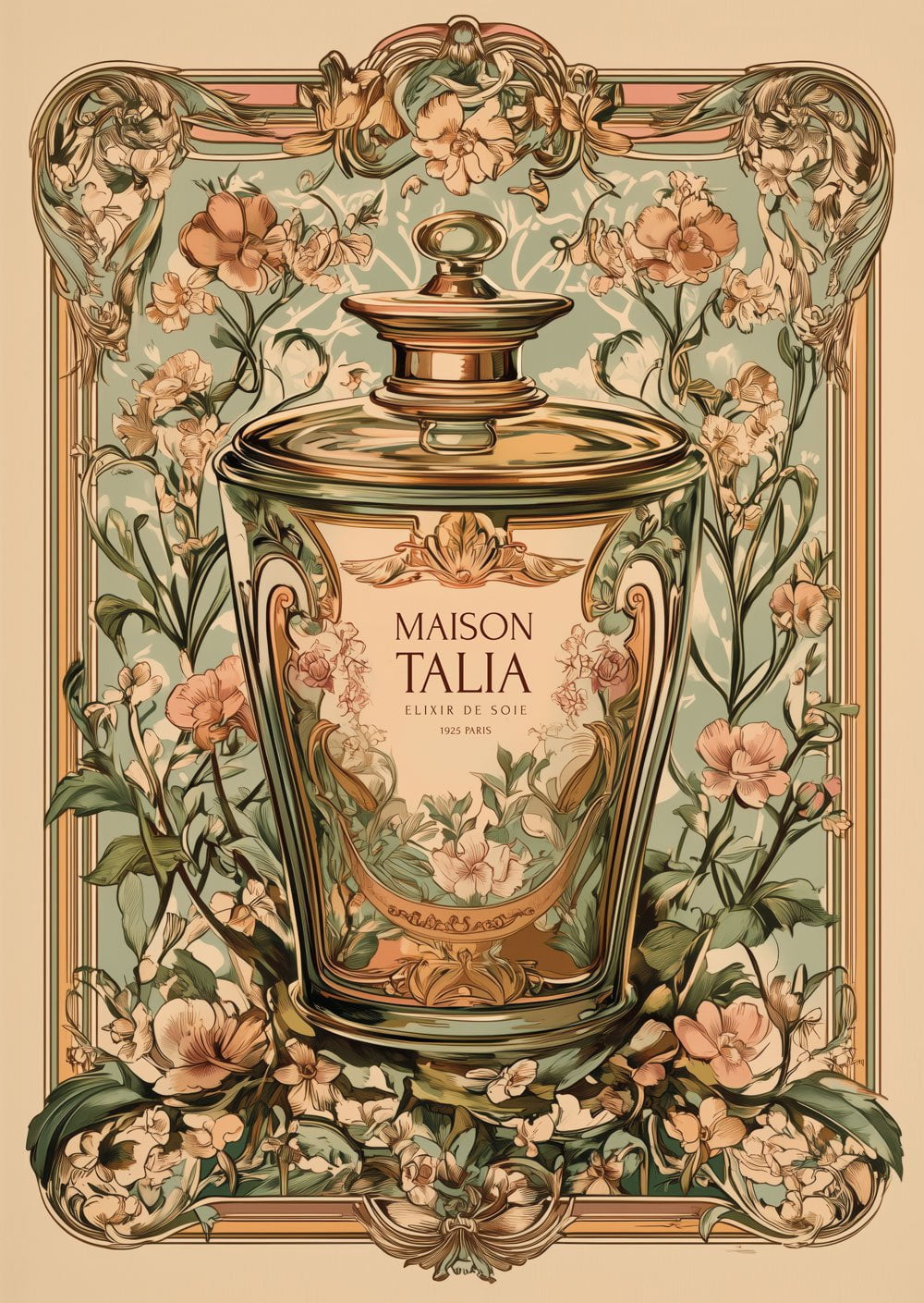 Affiche Art déco 1930 représentant un flacon de parfum rétro bordé par des motifs floraux.