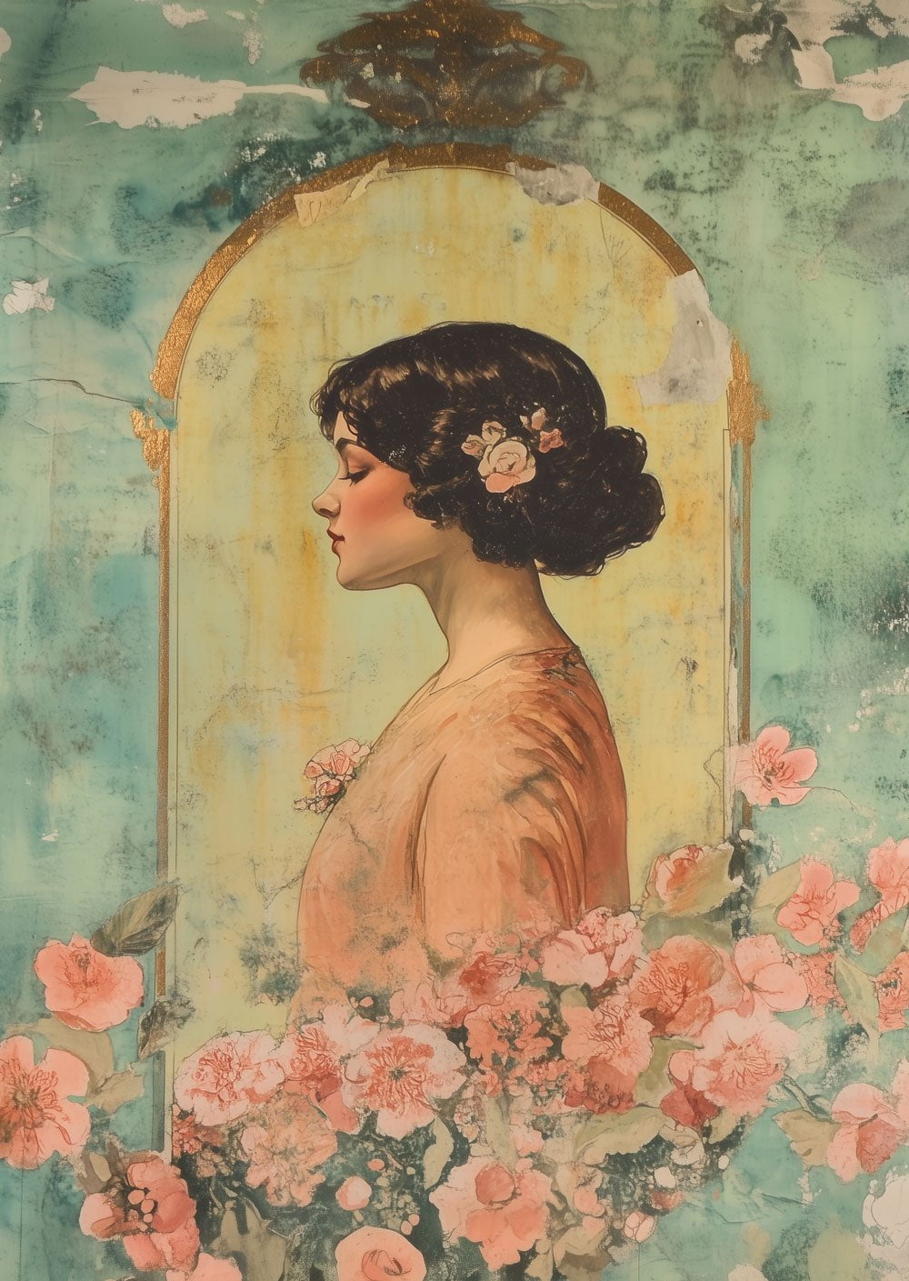 Affiche Art Déco 1930 d'un portrait romantique d'une femme bordé par des roses.