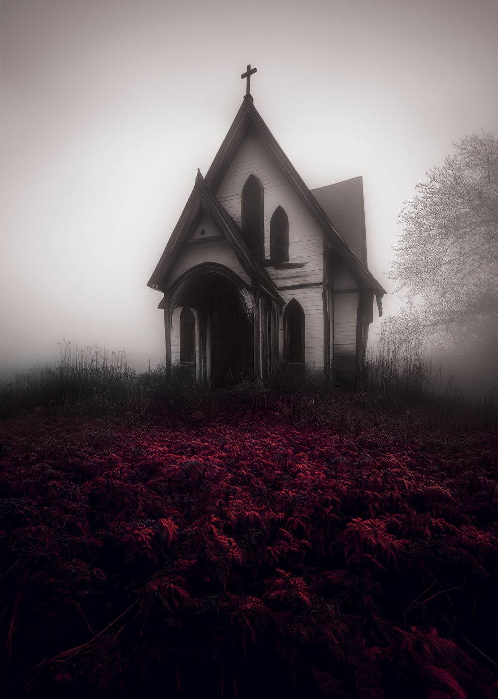 Affiche de décoration cabinet de curiosités, d'une photo de chapelle dans un champ de fleur rouge