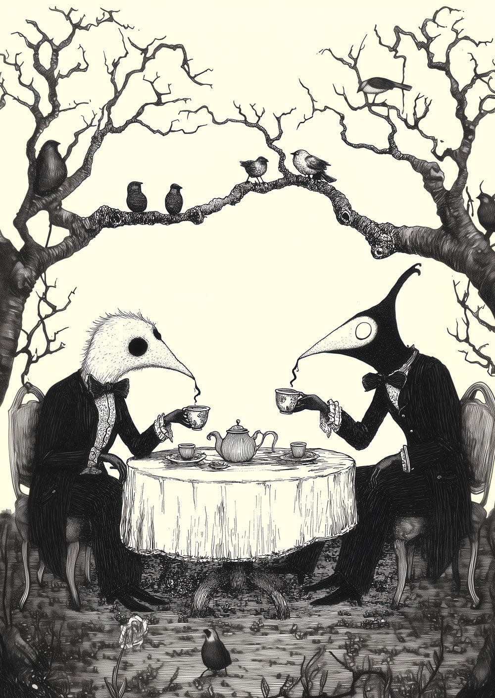 Affiche décoration cabinet de curiosités, d'une illustration de deux humanoïdes oiseau qui boivent le thé.