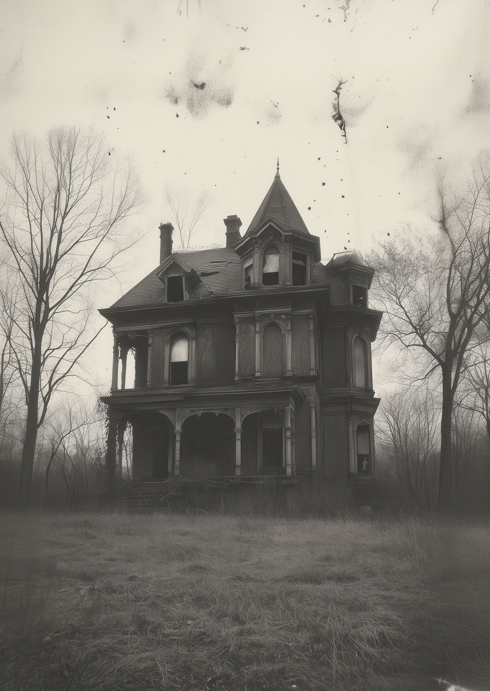 Une affiche de Décoration cabinet de curiosités, d'une photo d'une maison victorienne en noir et blanc